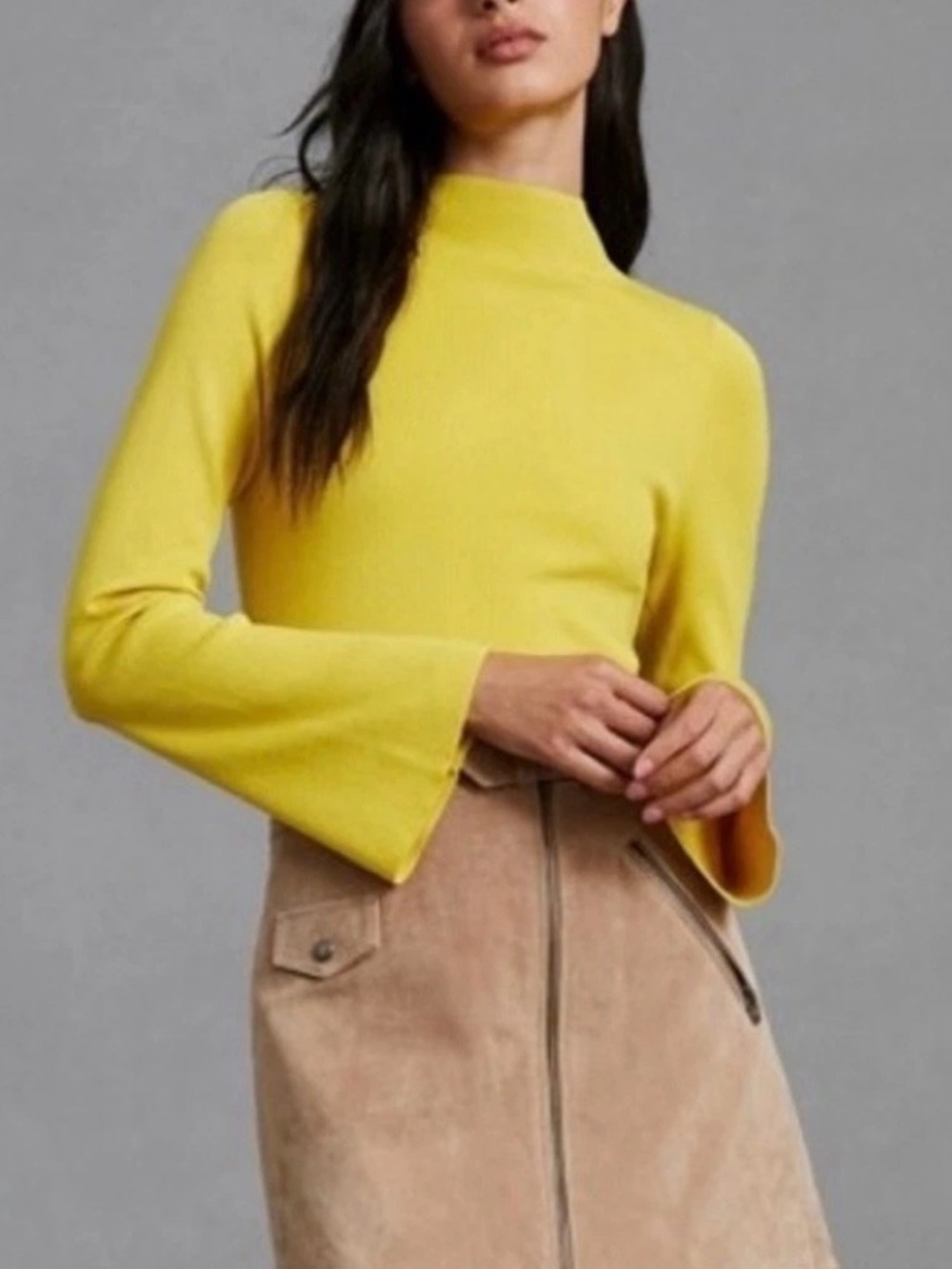 Anthropologie Maeve Yellow Mock Neck Ribbed Bell Sleeve Sweater